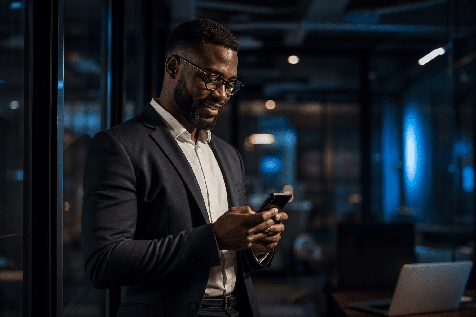 Business professional using smartphone in a modern workspace